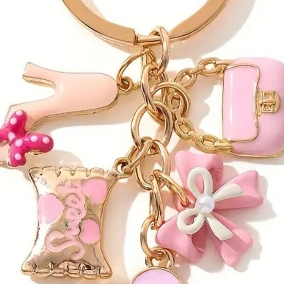 NWT Pink & Gold Toned 5 Charm Key Chain / Bag Charm Sweet - Picture 2 of 4